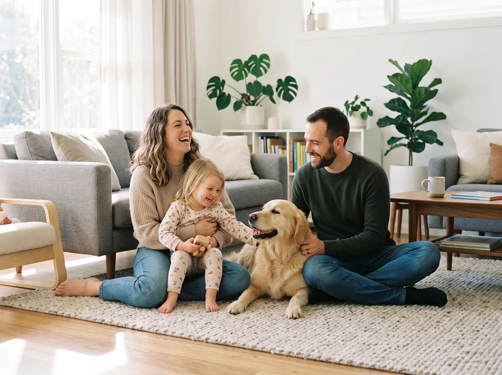 A happy family and their dog relaxing safely at home